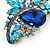 Vintage Inspired Azure, Sky Blue, Navy Blue Austrian Crystal Floral Corsage Brooch In Antique Gold Metal - 80mm Length - view 4