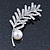 Delicate Rhodium Plated Crystal, Simulated Pearl 'Leaf' Brooch - 60mm Length - view 2