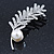 Delicate Rhodium Plated Crystal, Simulated Pearl 'Leaf' Brooch - 60mm Length - view 4