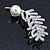 Delicate Rhodium Plated Crystal, Simulated Pearl 'Leaf' Brooch - 60mm Length - view 3