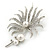 Large Rhodium Plated Clear Crystal, Simulated Glass Pearl 'Palm Leaf' Brooch - 70mm Length - view 6