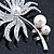 Large Rhodium Plated Clear Crystal, Simulated Glass Pearl 'Palm Leaf' Brooch - 70mm Length - view 3