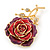 Red Enamel Crystal 'Rose' Brooch In Gold Plating - 60mm Length - view 4