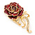 Burgundy Red Enamel Rose With Crystal Bow In Gold Plating - 65mm Length - view 2