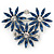 Cobalt Blue, Clear Triple Flower Corsage Brooch In Silver Tone - 75mm Across