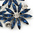 Cobalt Blue, Clear Triple Flower Corsage Brooch In Silver Tone - 75mm Across - view 3