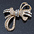 Contemporary CZ, Crystal Textured Bow Brooch In Gold Plating - 60mm Length - view 2