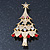 Red, Green, Clear, Pink Austrian Crystals Christmas Tree Brooch In Gold Plating - 60mm Length - view 3