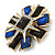 Victorian Style Black/ Blue Resin Stone Layered Cross Brooch In Gold Tone Metal - 75mm Across - view 3