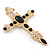 Large Black Glass, Clear Crystal 'Cross' Brooch In Gold Plating - 95mm Length - view 3