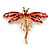 Red/ Burgundy Crystal Dragonfly Brooch In Gold Tone Metal - 70mm Across - view 4