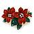 Christmas Red/ Green Swarovski Crystal Poinsettia Holiday Brooch In Gold Plating - 45mm Length - view 6