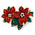 Christmas Red/ Green Swarovski Crystal Poinsettia Holiday Brooch In Gold Plating - 45mm Length - view 2