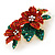 Christmas Red/ Green Swarovski Crystal Poinsettia Holiday Brooch In Gold Plating - 45mm Length - view 4