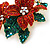 Christmas Red/ Green Swarovski Crystal Poinsettia Holiday Brooch In Gold Plating - 45mm Length - view 3