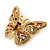 Small Brown, Champagne, Milky White  Austrian Crystal Butterfly Brooch In Gold Plating - 35mm Length - view 4
