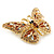 Small Brown, Champagne, Milky White  Austrian Crystal Butterfly Brooch In Gold Plating - 35mm Length - view 6