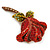 Red, Green Swarovski Crystal 'Rose' Brooch In Gold Tone - 55mm Length - view 3