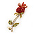 Small Red, Green Austrian Crystal 'Rose' Brooch In Gold Plating - 43mm L - view 2
