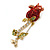 Small Red, Green Austrian Crystal 'Rose' Brooch In Gold Plating - 43mm L - view 5