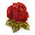 Burgundy Red, Green Swarovski Crystal 3D Rose Brooch/ Pendant In Gold Plating - 45mm Across