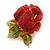 Burgundy Red, Green Swarovski Crystal 3D Rose Brooch/ Pendant In Gold Plating - 45mm Across - view 7