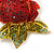 Burgundy Red, Green Swarovski Crystal 3D Rose Brooch/ Pendant In Gold Plating - 45mm Across - view 5