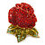 Burgundy Red, Green Swarovski Crystal 3D Rose Brooch/ Pendant In Gold Plating - 45mm Across - view 8