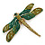 Large Green, Olive Austrian Crystal Dragonfly Brooch/ Pendant With Moving Tail In Antique Gold Metal - 90mm Width