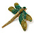Large Green, Olive Austrian Crystal Dragonfly Brooch/ Pendant With Moving Tail In Antique Gold Metal - 90mm Width - view 5
