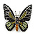 Small Black, Green,Olive, Orange Austrian Crystal Butterfly Brooch In Silver Tone - 30mm Length