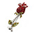 Small Red, Green Austrian Crystal 'Rose' Brooch In Rhodium Plating - 43mm L - view 2