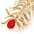 Large Exotic Clear Crystal, Red Cz 'Feather' Brooch In Gold Plating - 95mm Length - view 2