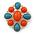 Coral/ Turquoise Coloured Acrylic Stone Corsage Brooch In Gold Plating - 55mm Across
