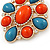 Coral/ Turquoise Coloured Acrylic Stone Corsage Brooch In Gold Plating - 55mm Across - view 4