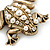 Vintage Inspired Glass Pearl, Crystal Frog Brooch In Antique Gold Tone - 65mm Width - view 4