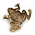 Vintage Inspired Glass Pearl, Crystal Frog Brooch In Antique Gold Tone - 65mm Width - view 5