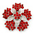 Bright Red Crystal Flower Brooch In Rhodium Plating - 45mm Diameter