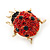 Tiny Red, Black Austrian Crystal Ladybug Brooch In Gold Plating - 20mm Length