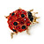 Tiny Red, Black Austrian Crystal Ladybug Brooch In Gold Plating - 20mm Length - view 4