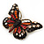 Small Black, Orange, Red, Milky White Austrian Crystal 'Tiger' Butterfly Brooch In Gold Plating - 37mm Width - view 2