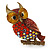 Brick Red, Burgundy, AB Swarovski Crystal Owl Brooch/ Pendant In Gold Plating - 40mm Length - view 3
