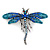 Azure, Teal, Sky, Sapphire Blue Austrian Crystal Dragonfly Brooch In Antique Silver Tone - 70mm Across