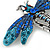 Azure, Teal, Sky, Sapphire Blue Austrian Crystal Dragonfly Brooch In Antique Silver Tone - 70mm Across - view 2