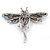 Azure, Teal, Sky, Sapphire Blue Austrian Crystal Dragonfly Brooch In Antique Silver Tone - 70mm Across - view 3