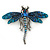 Azure, Teal, Sky, Sapphire Blue Austrian Crystal Dragonfly Brooch In Antique Silver Tone - 70mm Across - view 8
