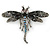 Black, Hematite, AB Crystal Dragonfly Brooch In Antique Silver Tone Metal - 70mm Across - view 1