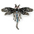 Black, Hematite, AB Crystal Dragonfly Brooch In Antique Silver Tone Metal - 70mm Across