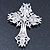 Statement Clear Austrian Crystal Cross Brooch/ Pendant In Silver Tone Metal - 85mm Length - view 5