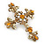 Statement Topaz, Citrine Crystal Filigree Cross Brooch/ Pendant In Gold Tone Metal - 58mm Length - view 2